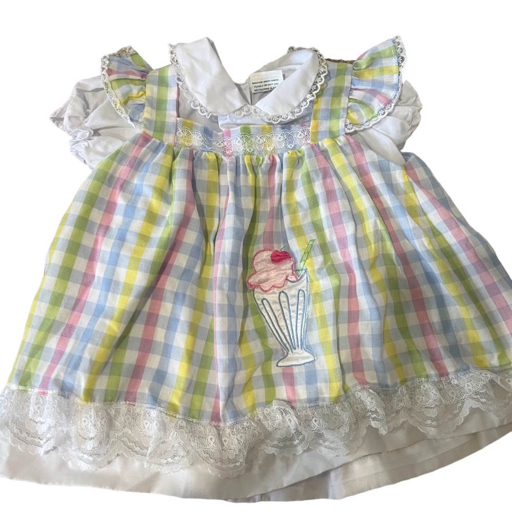 Vintage Mayfair Size 12 Month Pastel Short Sleeve Lace dress gingham‎ Collared
